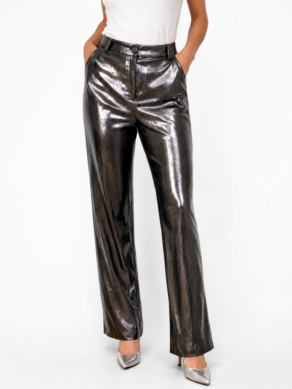 Sincerely Jules Metallic Silver Liquid Wide Leg Pants Size Large